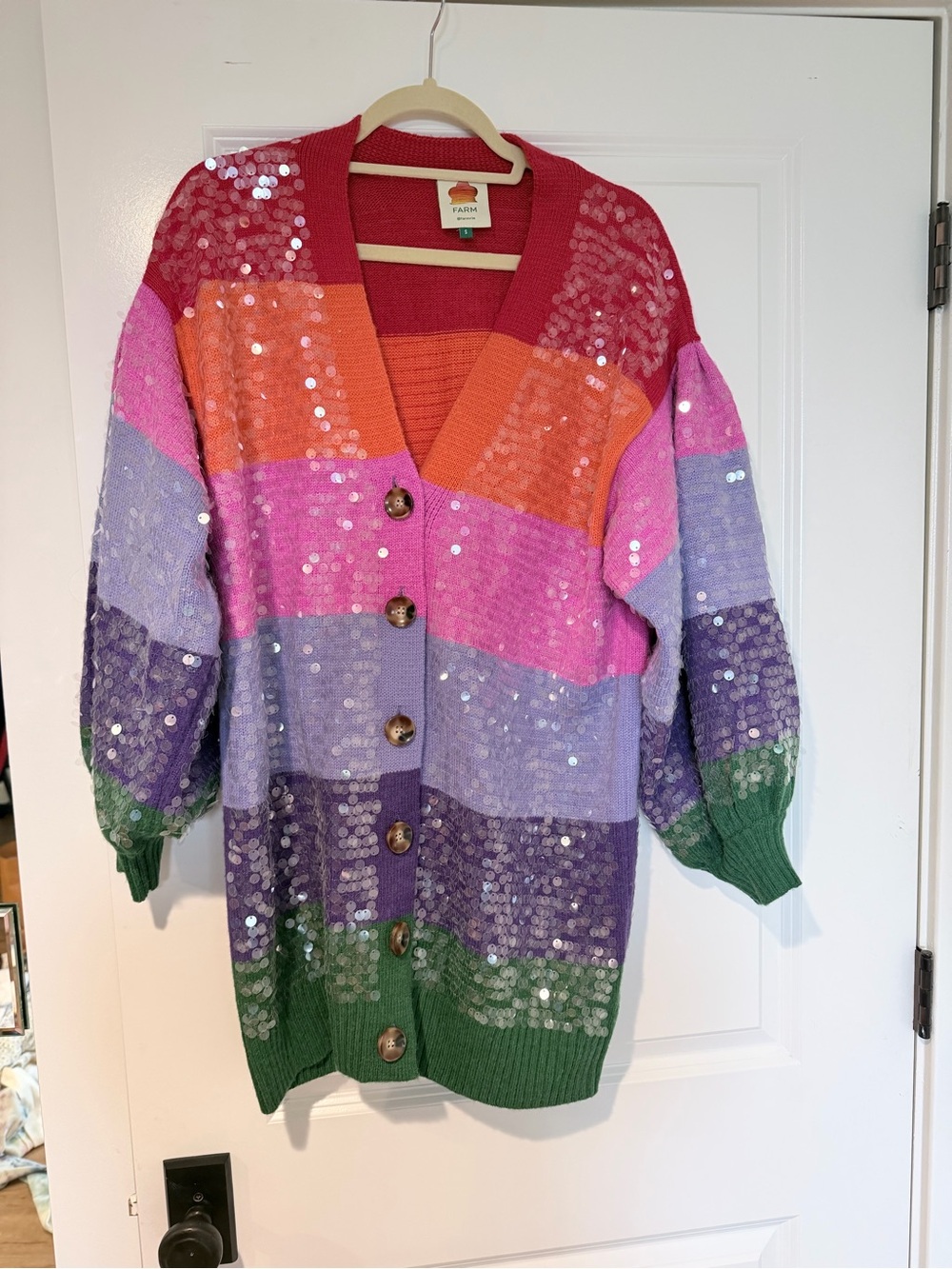 Farm Rio Multicolor Sequin Stripe Button-Front Cardigan - Pink/Green/Purple